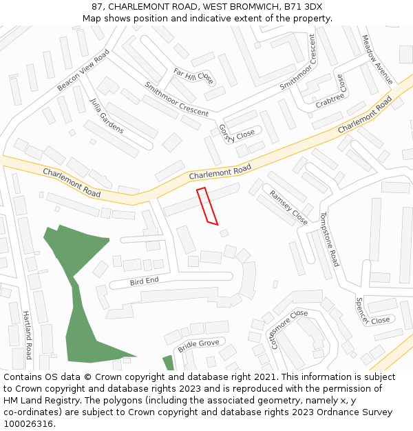 87, CHARLEMONT ROAD, WEST BROMWICH, B71 3DX: Location map and indicative extent of plot