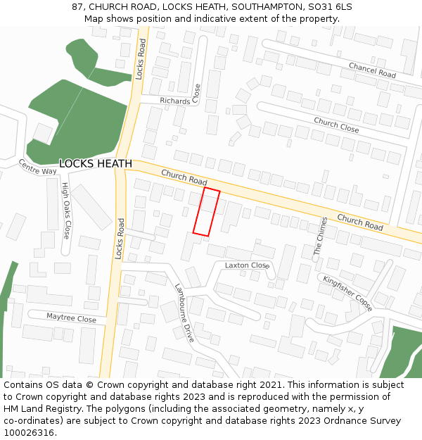87, CHURCH ROAD, LOCKS HEATH, SOUTHAMPTON, SO31 6LS: Location map and indicative extent of plot