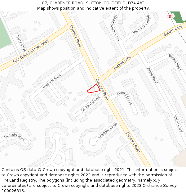 87, CLARENCE ROAD, SUTTON COLDFIELD, B74 4AT: Location map and indicative extent of plot