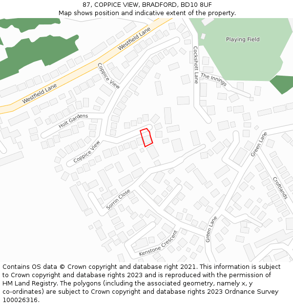 87, COPPICE VIEW, BRADFORD, BD10 8UF: Location map and indicative extent of plot