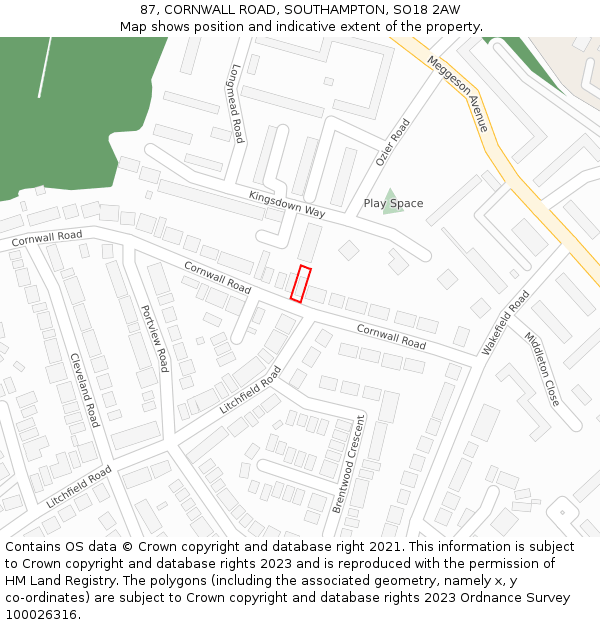 87, CORNWALL ROAD, SOUTHAMPTON, SO18 2AW: Location map and indicative extent of plot