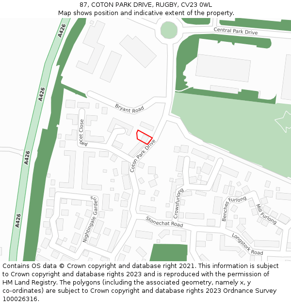 87, COTON PARK DRIVE, RUGBY, CV23 0WL: Location map and indicative extent of plot