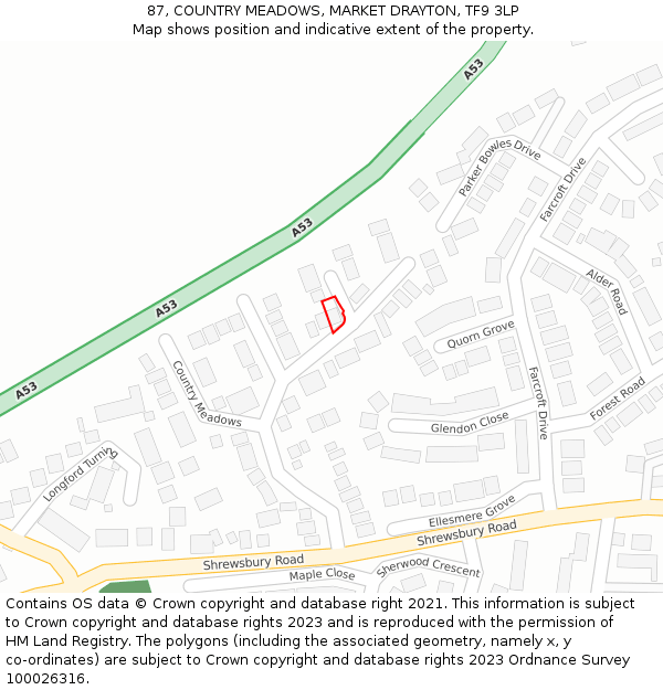 87, COUNTRY MEADOWS, MARKET DRAYTON, TF9 3LP: Location map and indicative extent of plot