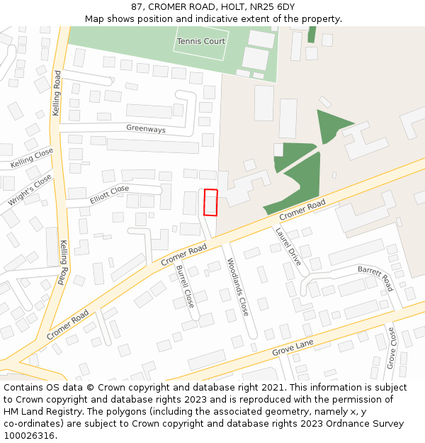 87, CROMER ROAD, HOLT, NR25 6DY: Location map and indicative extent of plot