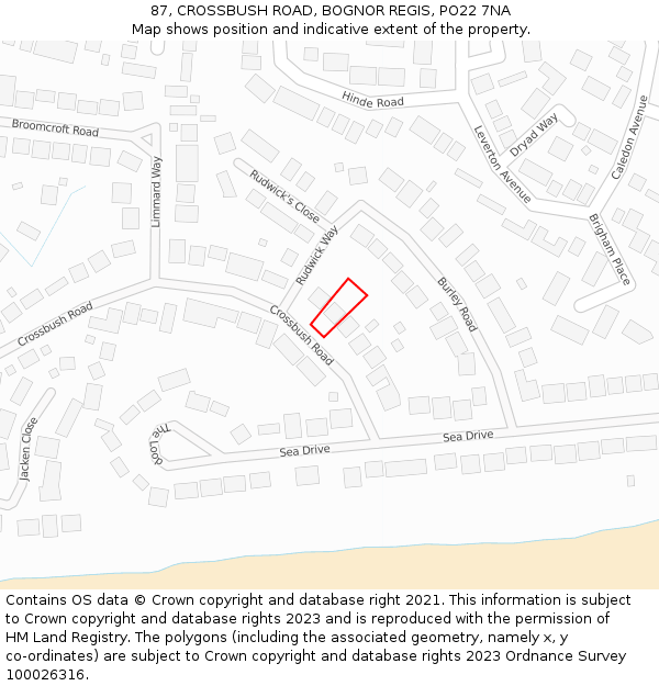 87, CROSSBUSH ROAD, BOGNOR REGIS, PO22 7NA: Location map and indicative extent of plot