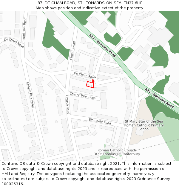 87, DE CHAM ROAD, ST LEONARDS-ON-SEA, TN37 6HF: Location map and indicative extent of plot