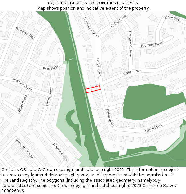 87, DEFOE DRIVE, STOKE-ON-TRENT, ST3 5HN: Location map and indicative extent of plot