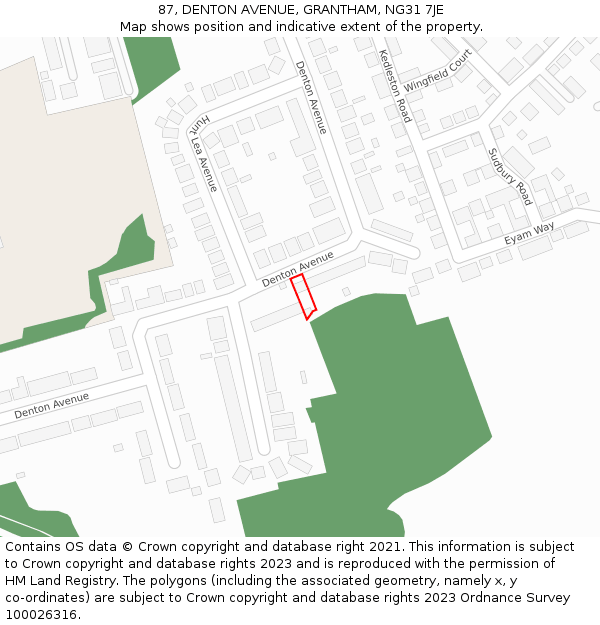 87, DENTON AVENUE, GRANTHAM, NG31 7JE: Location map and indicative extent of plot