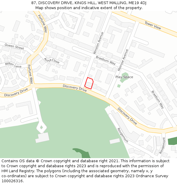 87, DISCOVERY DRIVE, KINGS HILL, WEST MALLING, ME19 4DJ: Location map and indicative extent of plot