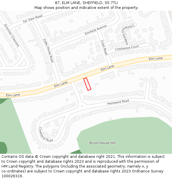 87, ELM LANE, SHEFFIELD, S5 7TU: Location map and indicative extent of plot