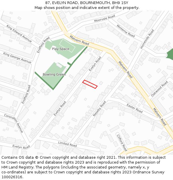 87, EVELYN ROAD, BOURNEMOUTH, BH9 1SY: Location map and indicative extent of plot