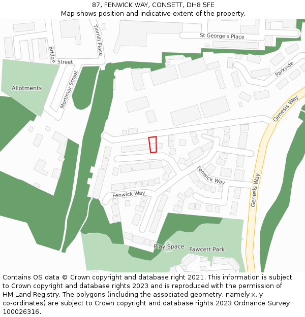 87, FENWICK WAY, CONSETT, DH8 5FE: Location map and indicative extent of plot