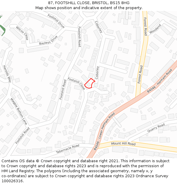 87, FOOTSHILL CLOSE, BRISTOL, BS15 8HG: Location map and indicative extent of plot