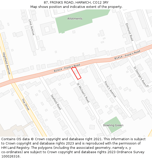 87, FRONKS ROAD, HARWICH, CO12 3RY: Location map and indicative extent of plot