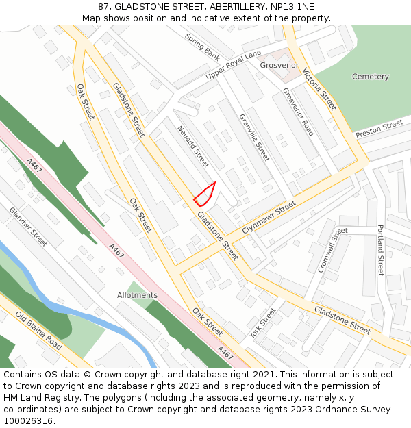 87, GLADSTONE STREET, ABERTILLERY, NP13 1NE: Location map and indicative extent of plot