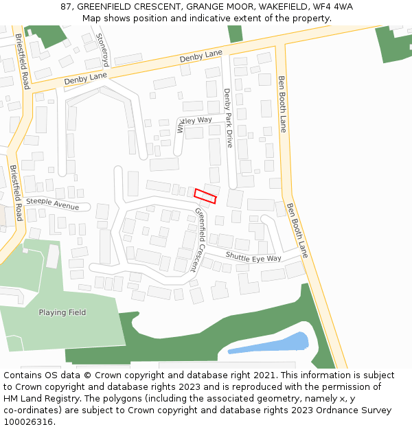 87, GREENFIELD CRESCENT, GRANGE MOOR, WAKEFIELD, WF4 4WA: Location map and indicative extent of plot