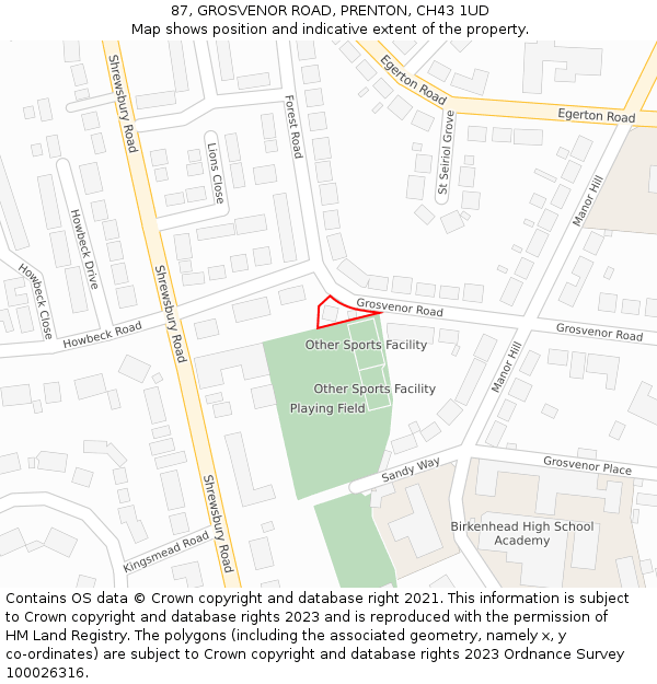 87, GROSVENOR ROAD, PRENTON, CH43 1UD: Location map and indicative extent of plot