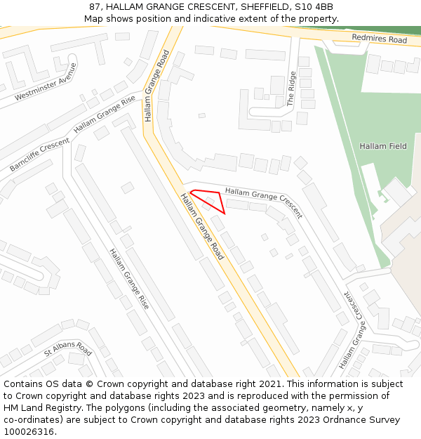 87, HALLAM GRANGE CRESCENT, SHEFFIELD, S10 4BB: Location map and indicative extent of plot