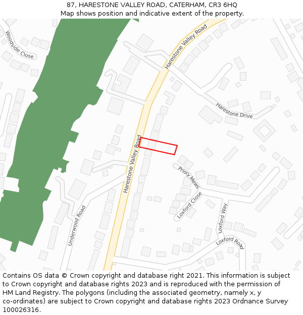 87, HARESTONE VALLEY ROAD, CATERHAM, CR3 6HQ: Location map and indicative extent of plot