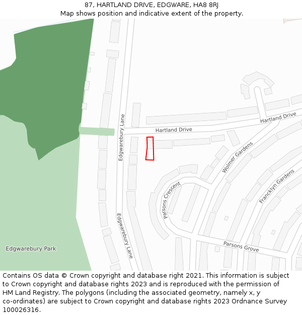 87, HARTLAND DRIVE, EDGWARE, HA8 8RJ: Location map and indicative extent of plot