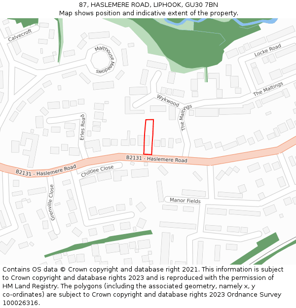 87, HASLEMERE ROAD, LIPHOOK, GU30 7BN: Location map and indicative extent of plot