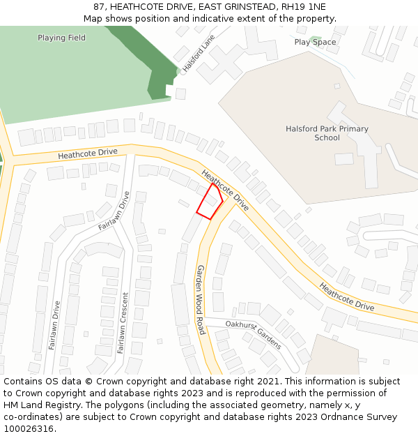 87, HEATHCOTE DRIVE, EAST GRINSTEAD, RH19 1NE: Location map and indicative extent of plot