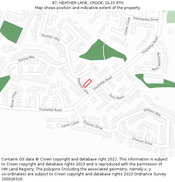 87, HEATHER LANE, CROOK, DL15 9TN: Location map and indicative extent of plot