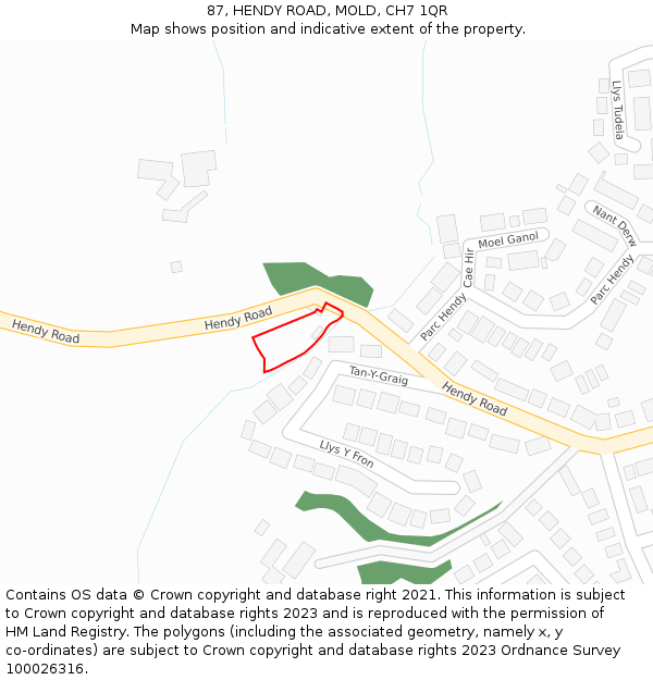 87, HENDY ROAD, MOLD, CH7 1QR: Location map and indicative extent of plot