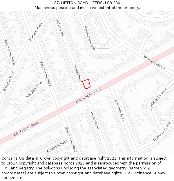 87, HETTON ROAD, LEEDS, LS8 2RX: Location map and indicative extent of plot