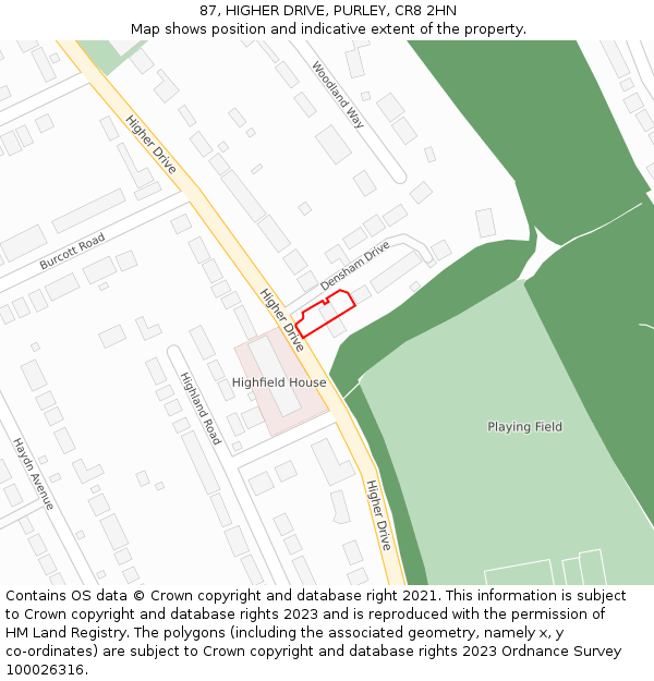 87, HIGHER DRIVE, PURLEY, CR8 2HN: Location map and indicative extent of plot