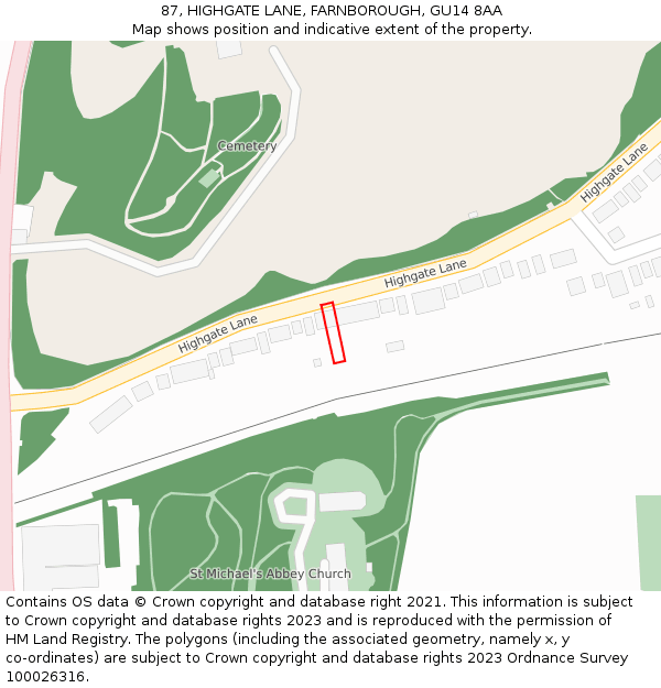 87, HIGHGATE LANE, FARNBOROUGH, GU14 8AA: Location map and indicative extent of plot