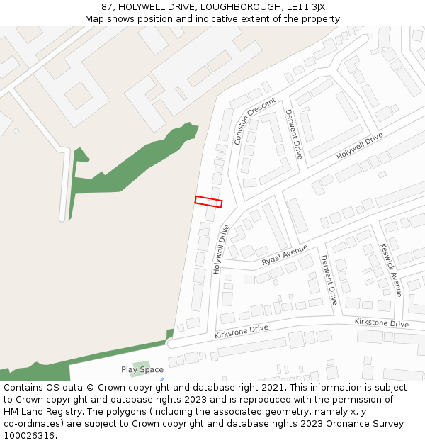 87, HOLYWELL DRIVE, LOUGHBOROUGH, LE11 3JX: Location map and indicative extent of plot