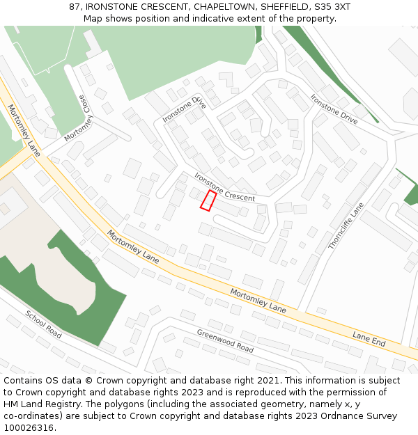 87, IRONSTONE CRESCENT, CHAPELTOWN, SHEFFIELD, S35 3XT: Location map and indicative extent of plot