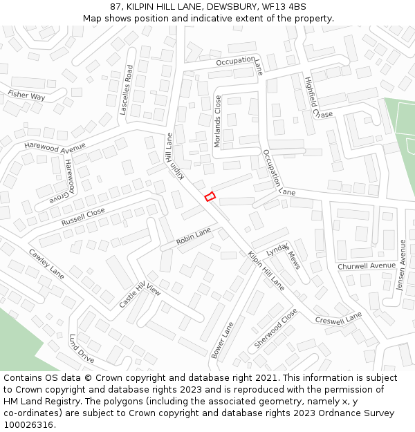 87, KILPIN HILL LANE, DEWSBURY, WF13 4BS: Location map and indicative extent of plot