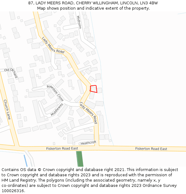 87, LADY MEERS ROAD, CHERRY WILLINGHAM, LINCOLN, LN3 4BW: Location map and indicative extent of plot