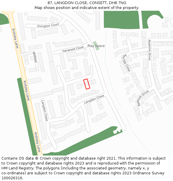 87, LANGDON CLOSE, CONSETT, DH8 7NG: Location map and indicative extent of plot