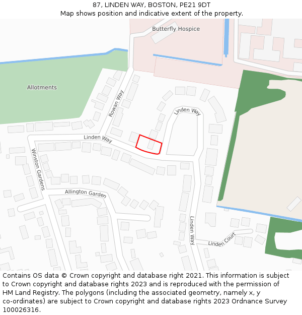 87, LINDEN WAY, BOSTON, PE21 9DT: Location map and indicative extent of plot