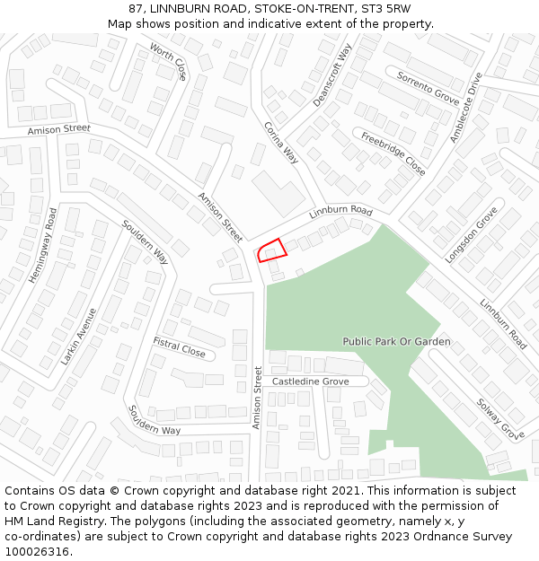 87, LINNBURN ROAD, STOKE-ON-TRENT, ST3 5RW: Location map and indicative extent of plot