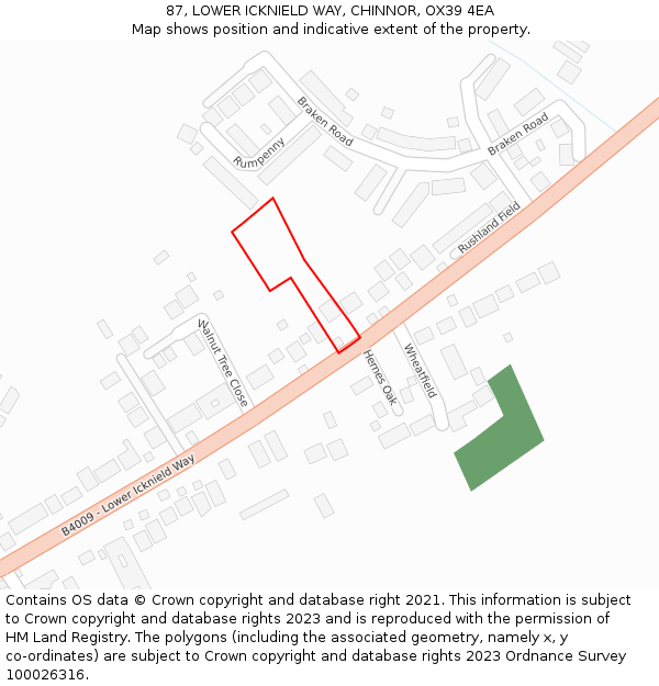 87, LOWER ICKNIELD WAY, CHINNOR, OX39 4EA: Location map and indicative extent of plot