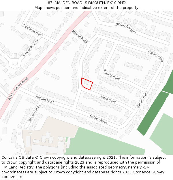 87, MALDEN ROAD, SIDMOUTH, EX10 9ND: Location map and indicative extent of plot