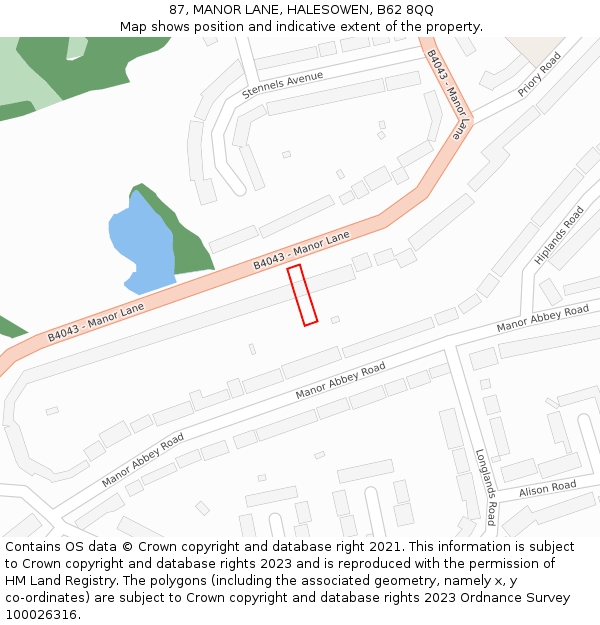 87, MANOR LANE, HALESOWEN, B62 8QQ: Location map and indicative extent of plot