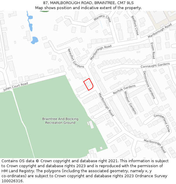 87, MARLBOROUGH ROAD, BRAINTREE, CM7 9LS: Location map and indicative extent of plot