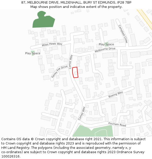 87, MELBOURNE DRIVE, MILDENHALL, BURY ST EDMUNDS, IP28 7BP: Location map and indicative extent of plot