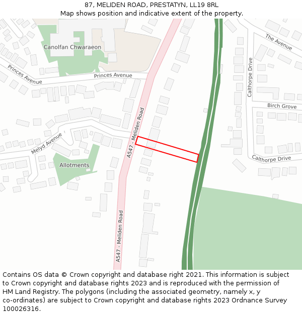 87, MELIDEN ROAD, PRESTATYN, LL19 8RL: Location map and indicative extent of plot