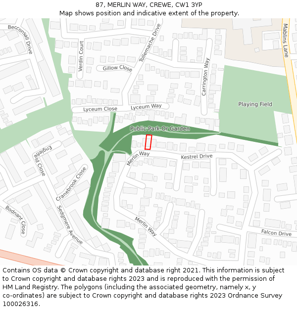 87, MERLIN WAY, CREWE, CW1 3YP: Location map and indicative extent of plot