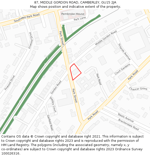 87, MIDDLE GORDON ROAD, CAMBERLEY, GU15 2JA: Location map and indicative extent of plot