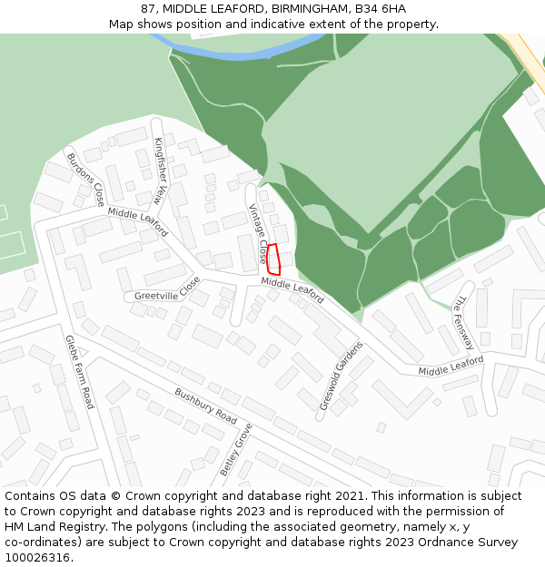87, MIDDLE LEAFORD, BIRMINGHAM, B34 6HA: Location map and indicative extent of plot