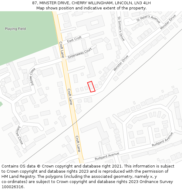 87, MINSTER DRIVE, CHERRY WILLINGHAM, LINCOLN, LN3 4LH: Location map and indicative extent of plot
