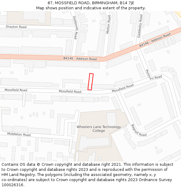 87, MOSSFIELD ROAD, BIRMINGHAM, B14 7JE: Location map and indicative extent of plot