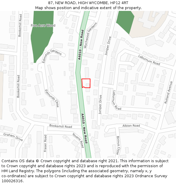 87, NEW ROAD, HIGH WYCOMBE, HP12 4RT: Location map and indicative extent of plot